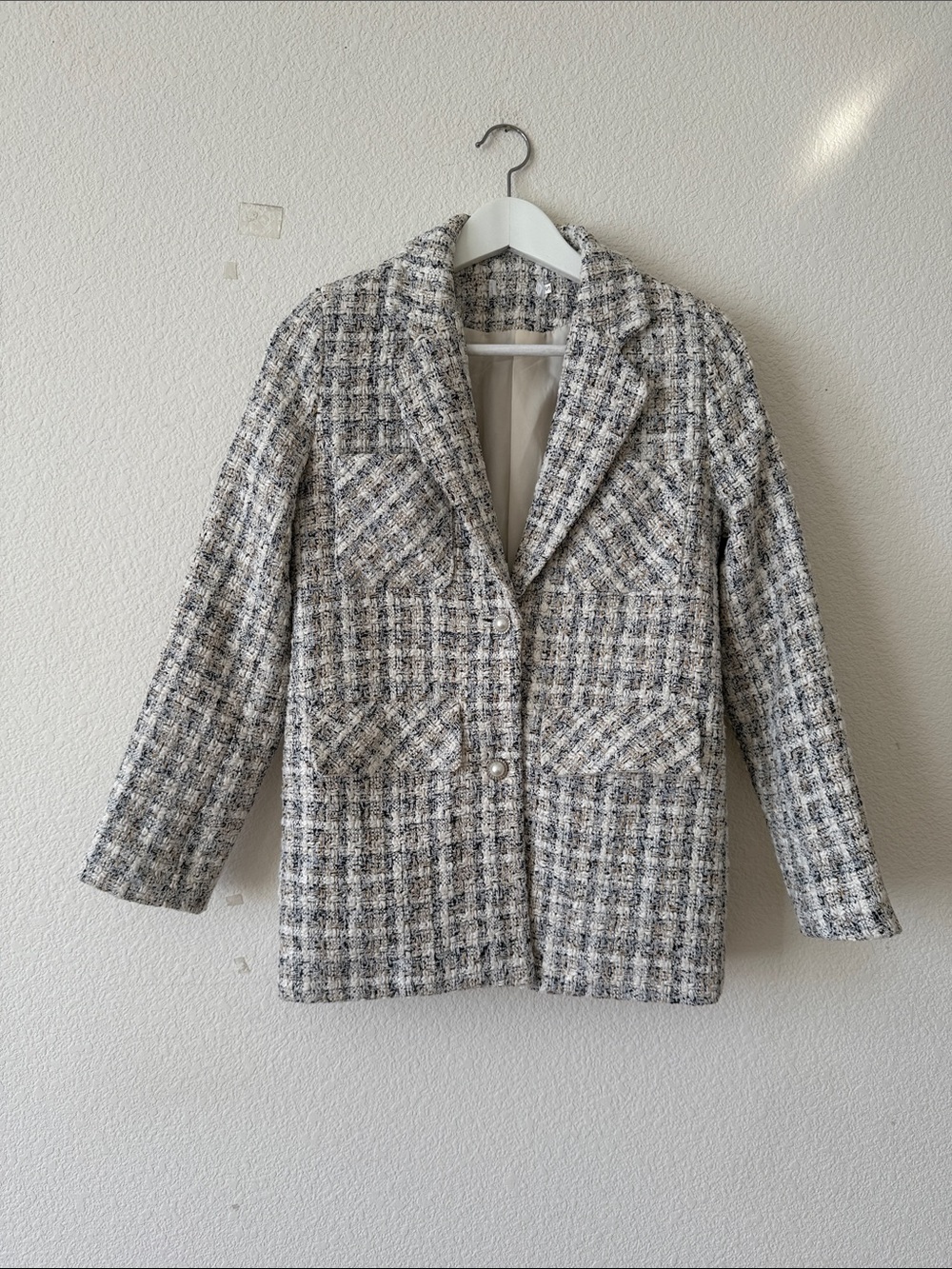 Tailored Bouclé Plaid Blazer Jacket - Cream & Gray